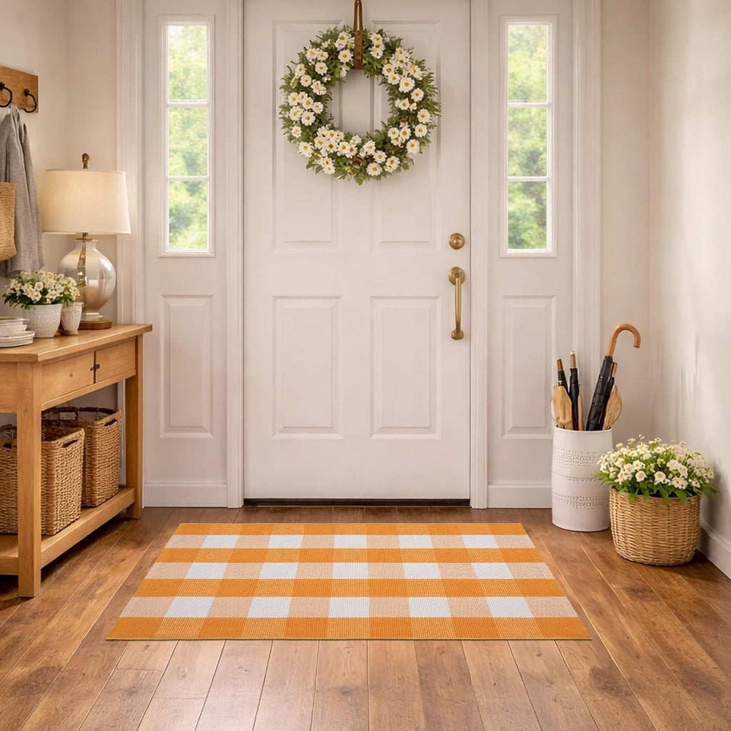 Spring Yellow and White Plaid Rug, 2'4" x 3'7" Cotton Blend Layered Doormat Rug for Front Door, Hand-Woven Washable Entryway & Porch Decor