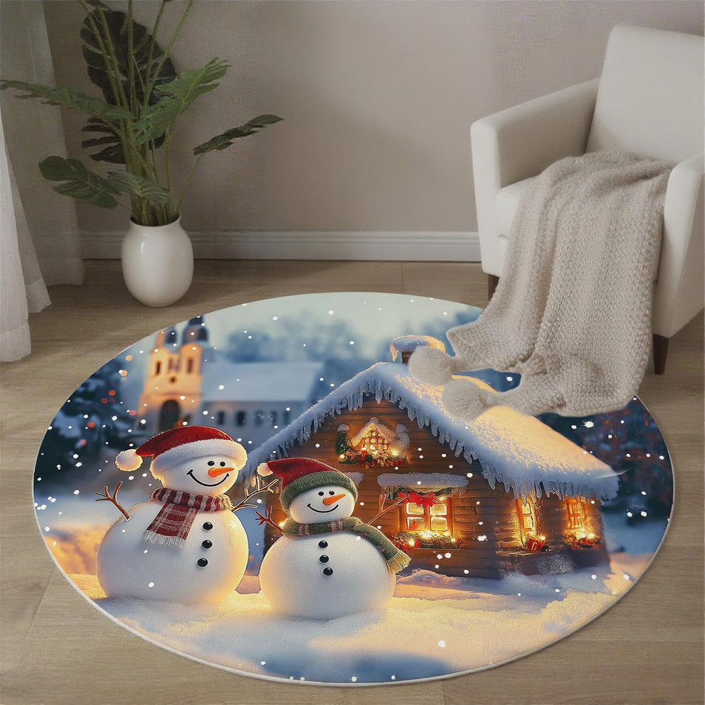 Round Area Rug 3Ft Winter Theme, Washable Yellow Blue Rug for Bedroom, Low-Pile Soft Round Carpet for Living Room, Ideal for High Traffic Areas in Entryway