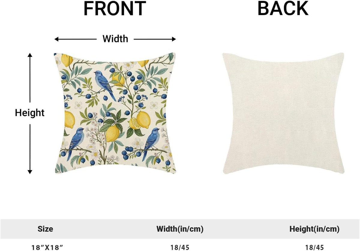 Blue Green Chinoiserie Pillow Covers 18x18 Set of 2 Chinoiserie Blue Bird Yellow Lemon Throw Pillows Outdoor Decorative Vintage Bird Floral Pillowcase Linen Cushion Cases for Bed Sofa Couch