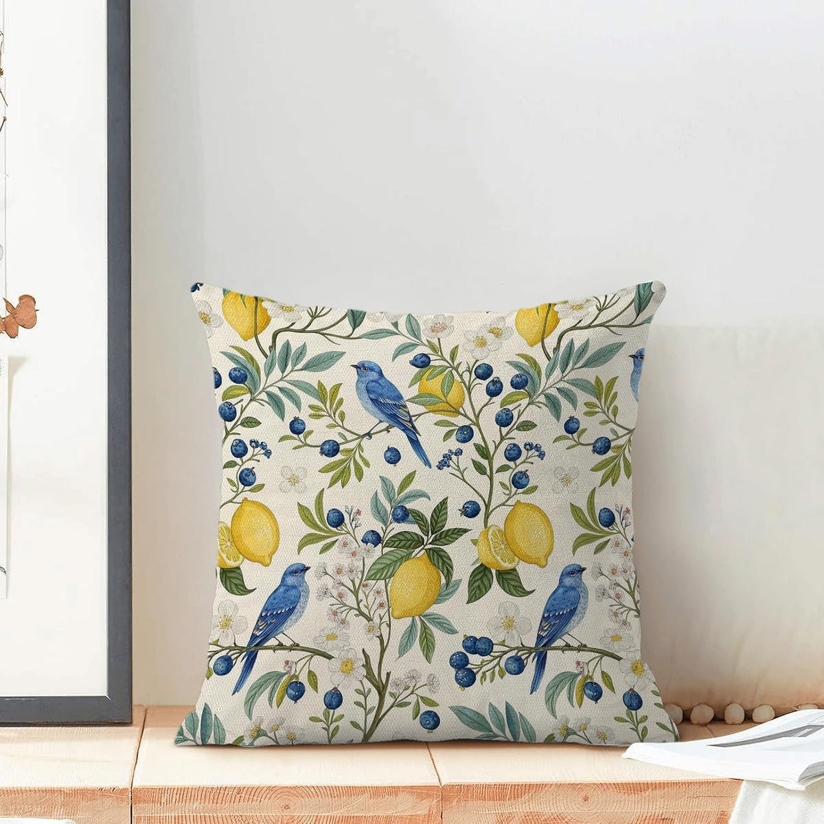 Blue Green Chinoiserie Pillow Covers 18x18 Set of 2 Chinoiserie Blue Bird Yellow Lemon Throw Pillows Outdoor Decorative Vintage Bird Floral Pillowcase Linen Cushion Cases for Bed Sofa Couch