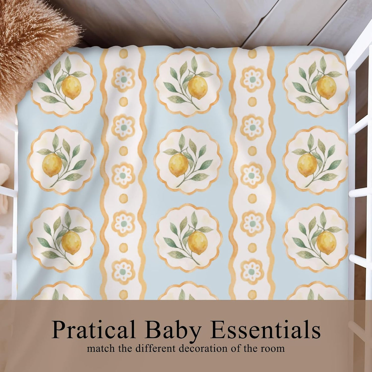Vintage Lemon Fruit Floral Stripes Baby Crib Sheet for Boys & Girls 28x52 Inch Yellow Lemons Baby Sheet for Standard Crib and Toddler Mattress Summer Frame Bed Sheets