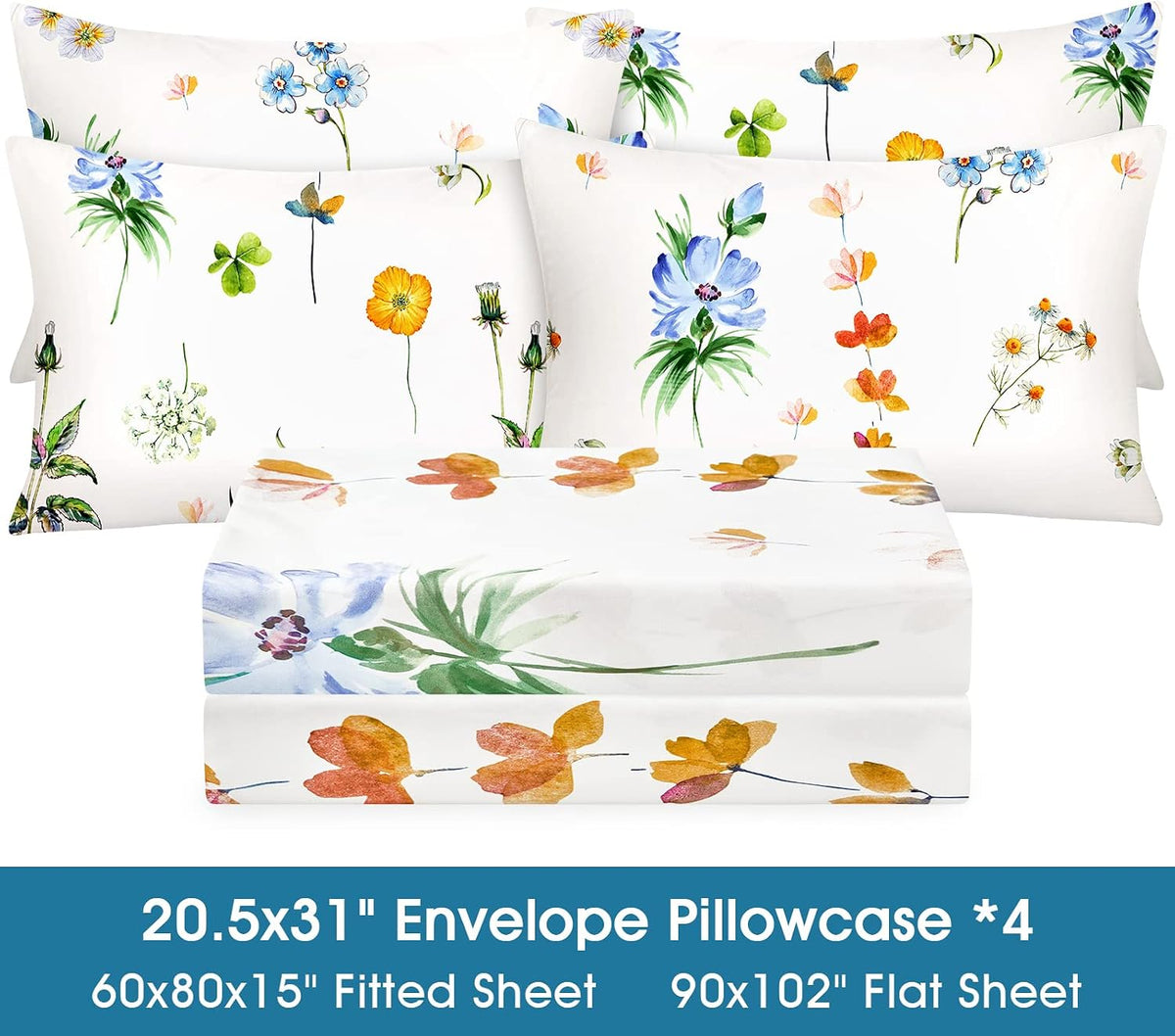 Queen Sheet Set 6 Pieces (Yellow & Blue Watercolor Floral), Cottage Core Botanical Patterned Sheets, Victorian Flower Microfiber Bedding Decor