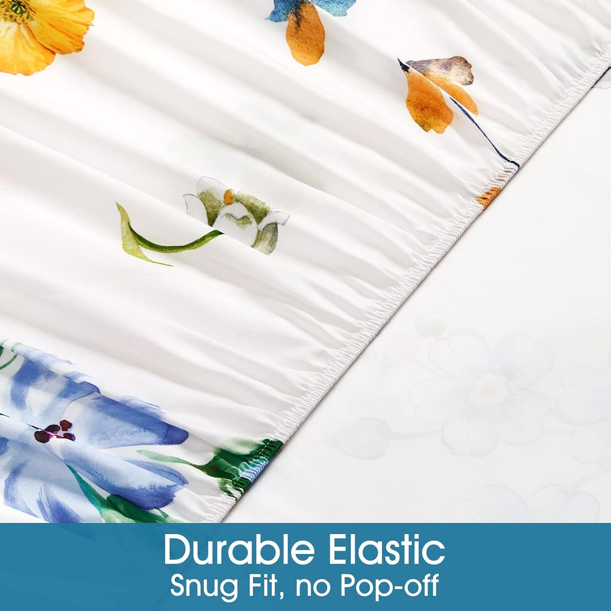 Queen Sheet Set 6 Pieces (Yellow & Blue Watercolor Floral), Cottage Core Botanical Patterned Sheets, Victorian Flower Microfiber Bedding Decor