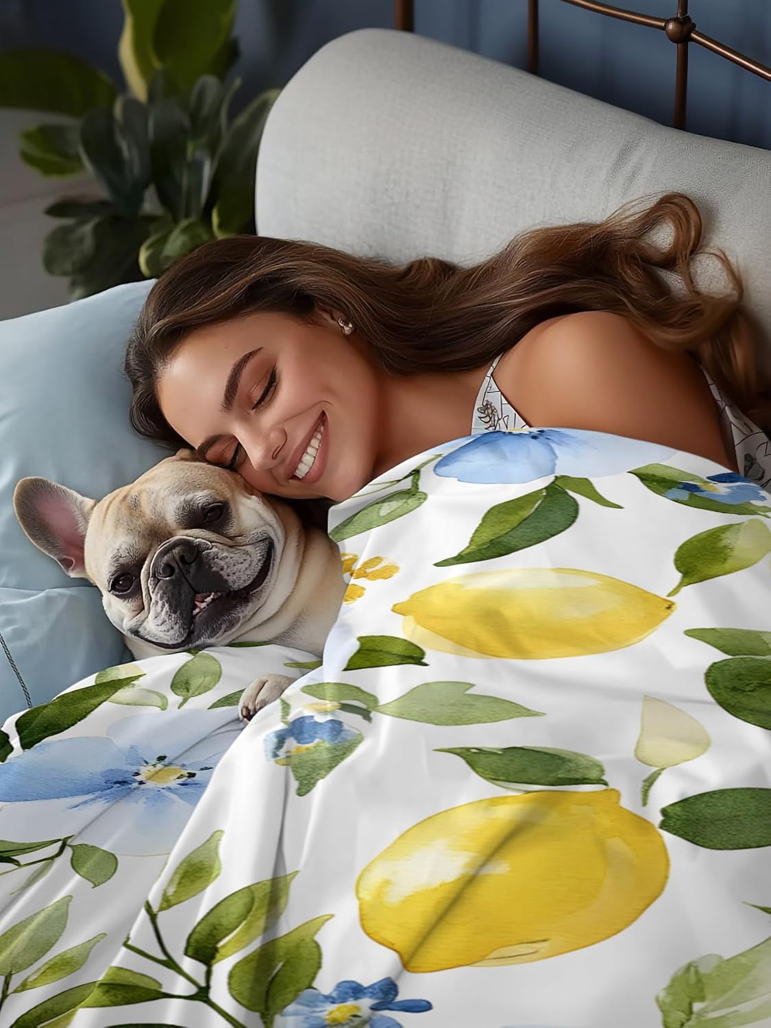 Flat Sheets Queen Size Bedding Sheet,Watercolor Lemon Floral Leaves Soft Microfiber Breathable Top Sheets for Bedroom Hotel Luxury-1 Bed Flat Sheet Only,Yellow Blue White