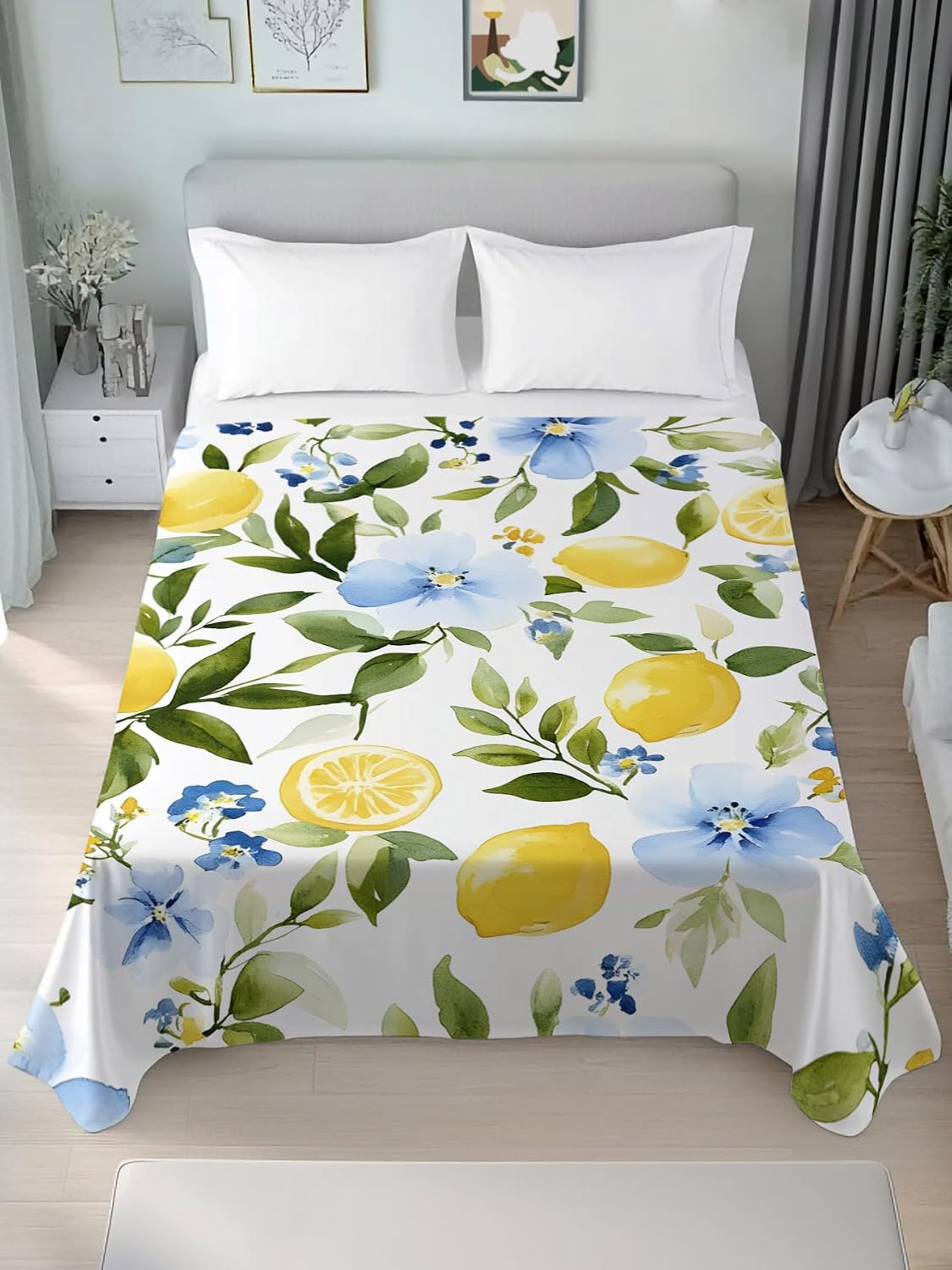 Flat Sheets Queen Size Bedding Sheet,Watercolor Lemon Floral Leaves Soft Microfiber Breathable Top Sheets for Bedroom Hotel Luxury-1 Bed Flat Sheet Only,Yellow Blue White