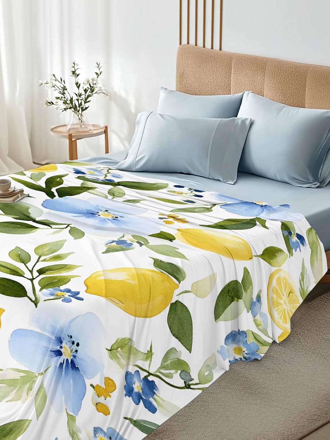 Flat Sheets Queen Size Bedding Sheet,Watercolor Lemon Floral Leaves Soft Microfiber Breathable Top Sheets for Bedroom Hotel Luxury-1 Bed Flat Sheet Only,Yellow Blue White