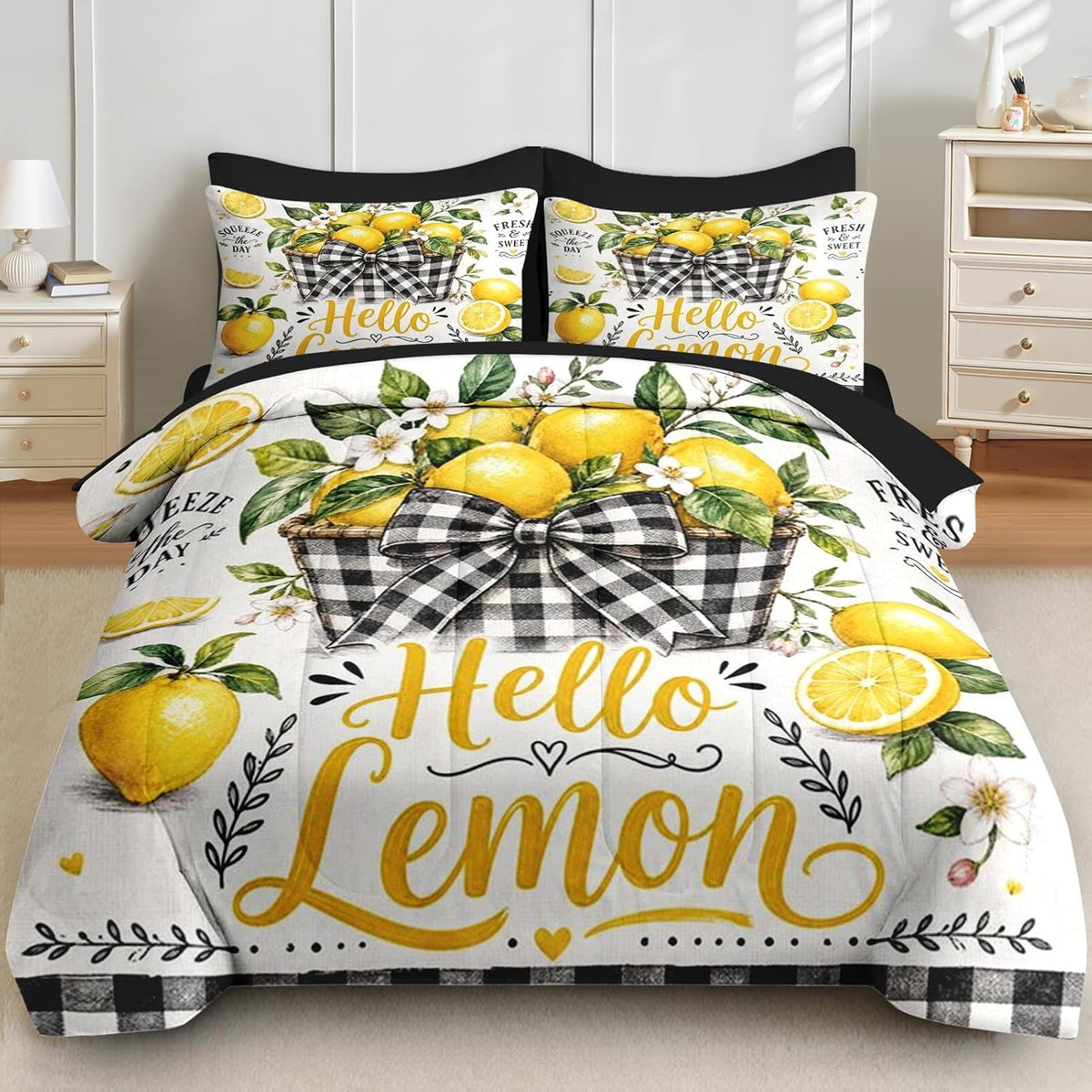 Full Comforter Set, 7 Pieces Lemon Farmhouse Bedding Set