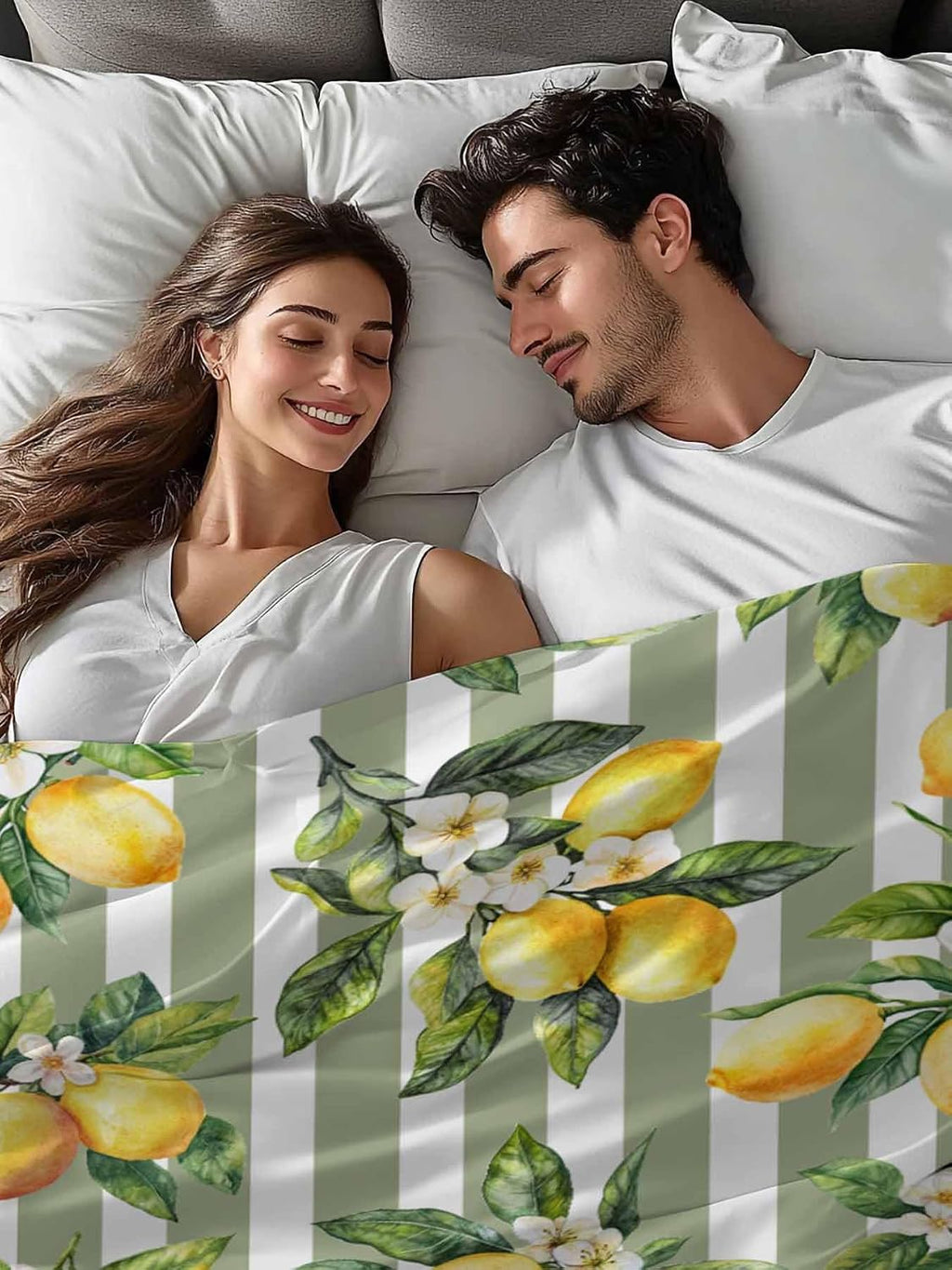 Twin Flat Sheet Only,Vintage Farm Lemon Flowers Top Sheet Breathable Soft Brushed Polyester Microfiber Bed Sheets,Yellow Fruit on Sage Green Stripe Hotel Luxury Bedding Sheets for Women,Men,Teens