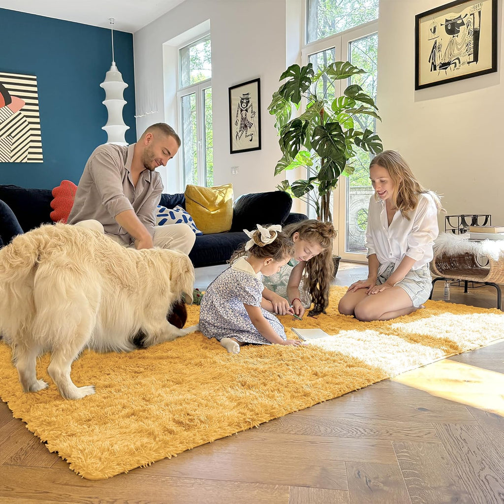Area Rugs for Living Room Bedroom, Machine Washable 4x5.9 ft Soft Fluffy Shaggy Bedside Rug, Indoor Floor Carpet for Kids Girls and Boys, Dorms, Nursery Rooms, Home Decor, Mustard Yellow