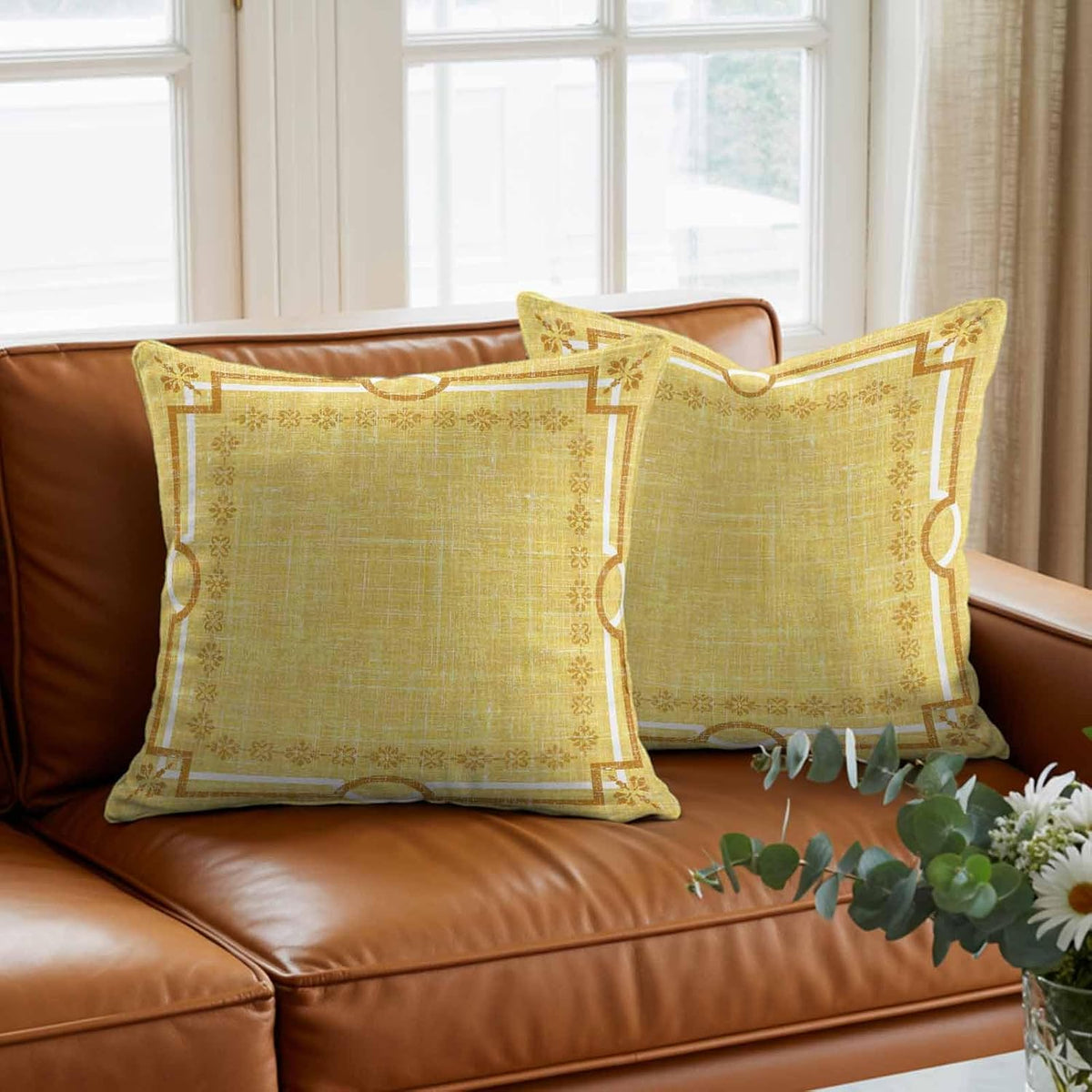 Lemon Yellow Botanical Pillow Covers 16x16 Inch Decorative Throw Pillow Cover, Vintage Florals Geometric Minimalist Sofa Pillowcases Accent Cushion Case Home Decor Bedroom Living Room