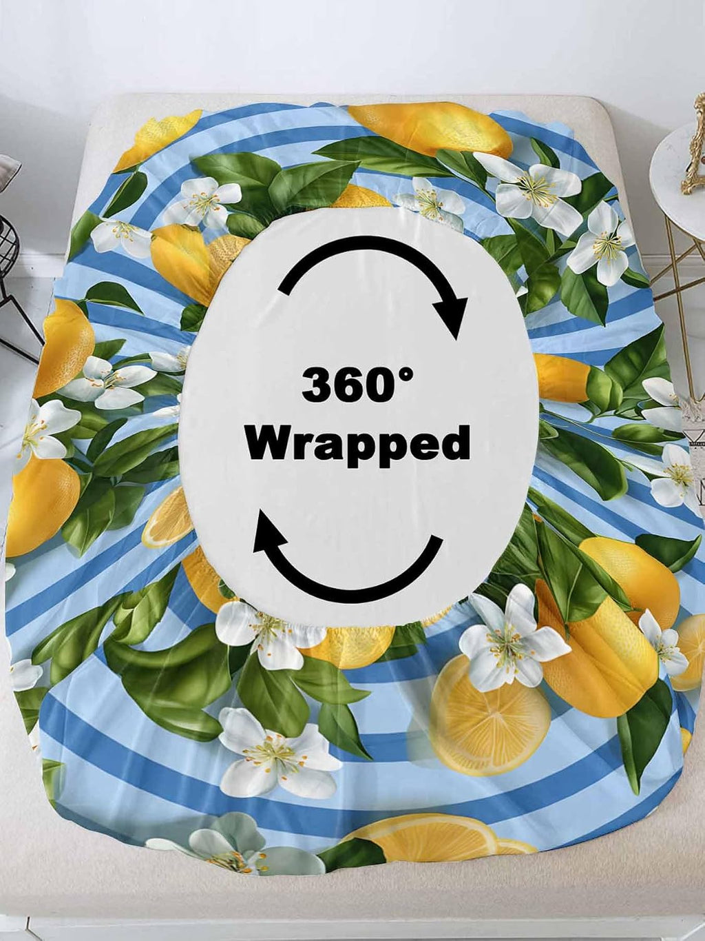 Twin Fitted Sheet and Pillowcase Set, Yellow Lemon Soft Bed Fitted Sheets - Deep Pocket with Elastic Fits Mattress Up to 16", Summer Fruit Rustic Blue Striped Bedding Set with 1 Pillow Case