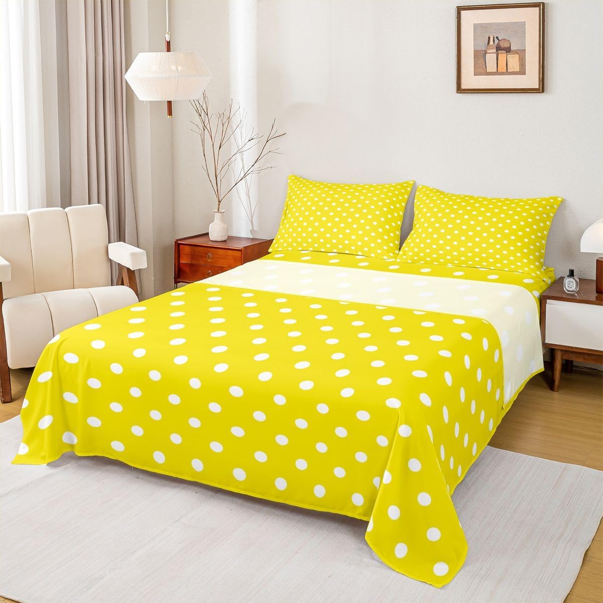 Yellow White Polka Dot Bed Sheets Set King Size Retro Cute Polka Dot Bed Set Geometric Deep Pocket Fitted Sheet Luxury Breathable Soft Lightweight Microfiber