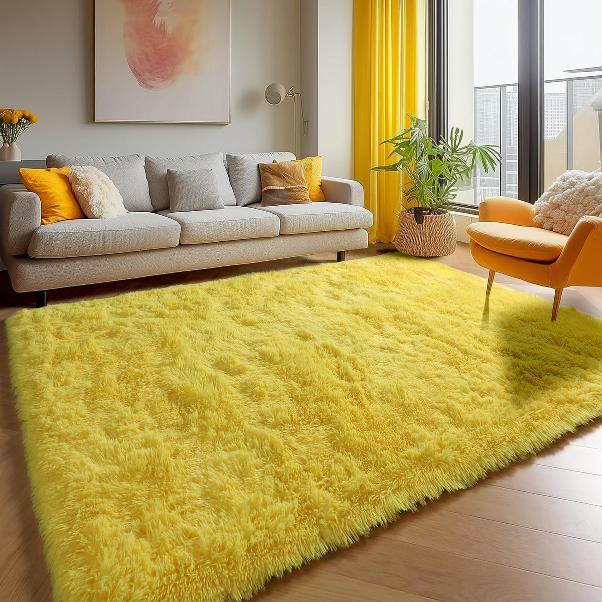 Yellow Rugs for Living Room Bedroom, 5x8 Fluffy Bedside Area Rug, Soft Plush Shaggy Indoor Floor Carpet for Nursery Kids Girls Boys Teen Dorm Home Office Decor Aesthetic