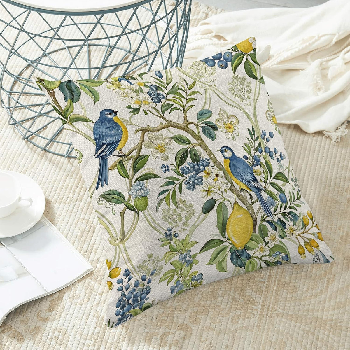 Blue Green Chinoiserie Pillow Covers 18x18 Set of 2 Chinoiserie Bird Floral Throw Pillows Outdoor Decorative Vintage Yellow Lemon Bird Floral Pillowcase Linen Cushion Cases for Bed Sofa Couch