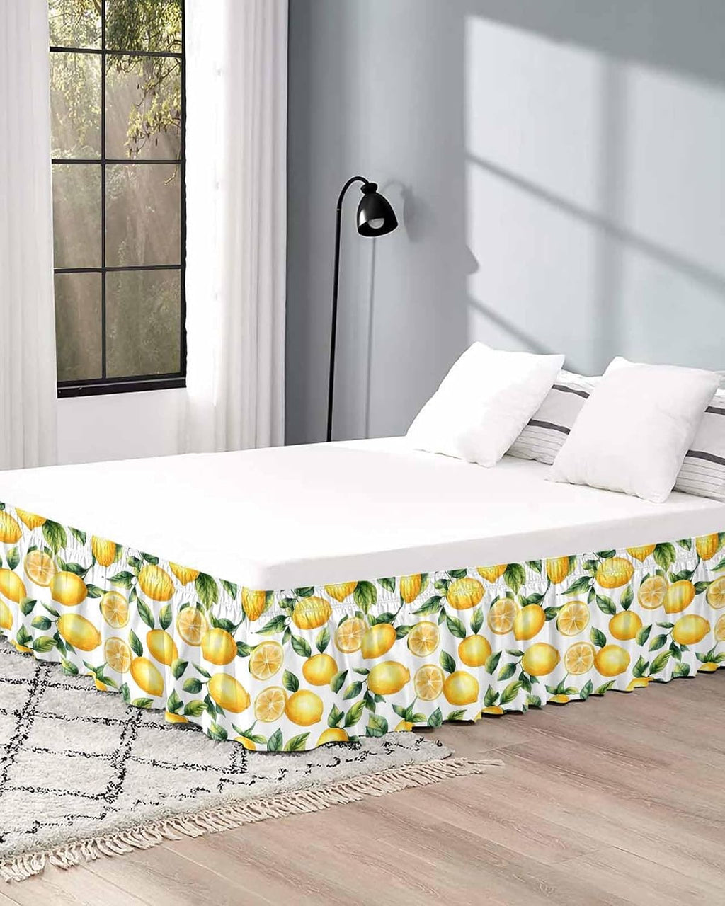 Watercolor Lemon Bed Skirt Queen Size 16 Inch Drop, Adjustable Elastic Wrap Around Bed Skirts Easy Fitting Dust Ruffle Bedskirt Bed Frame Cover Yellow Green Fruit Leaf Painting