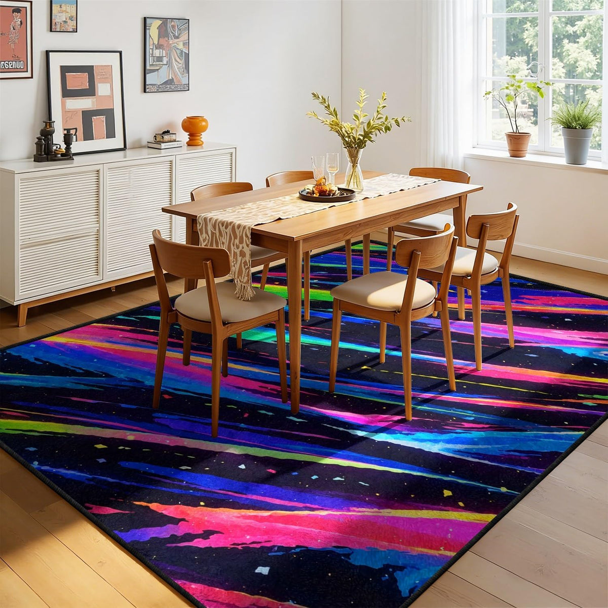 Colorful Meteor Area Rug, 4x6ft, Black Starry Sky Pink Blue Yellow Green Stripe Pattern Rug, Game Room Non-Slip Washable Soft Area Rugs, Cyberpunk Neon Decorative Carpet