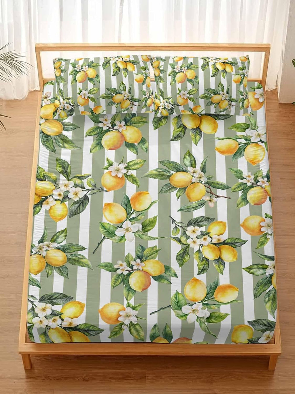 3 Pieces Twin Fitted Sheet Set, Vintage Farm Lemon Flowers Deep Pocket Up to 16", Yellow Fruit on Sage Green Stripe Soft Elastic Bed Sheets and Pillow Cases Secure Fit
