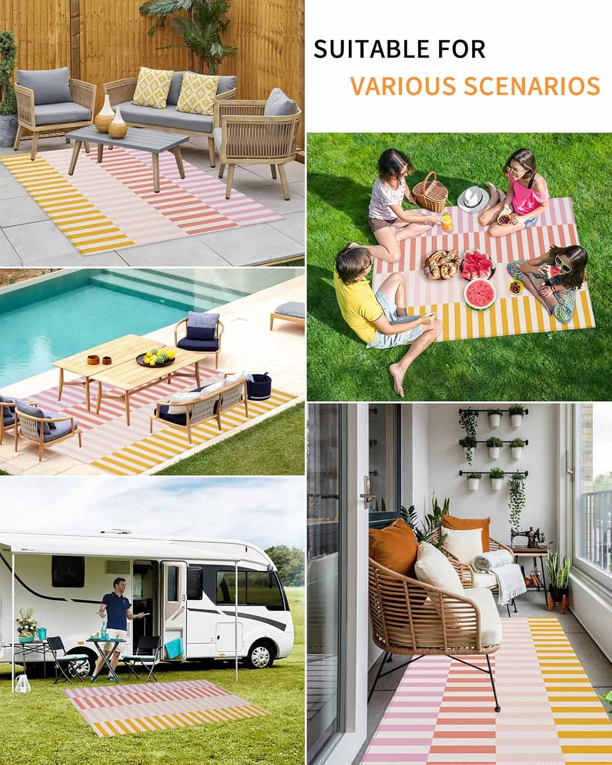 Outdoor Rug, Pink Rose Yellow Peach Stripes Absorbant Non-Slip Area Rugs Mat Carpet for Patio Balcony Porch Backyard Deck Rv Camping 4x6 ft Abstract Pinstripes