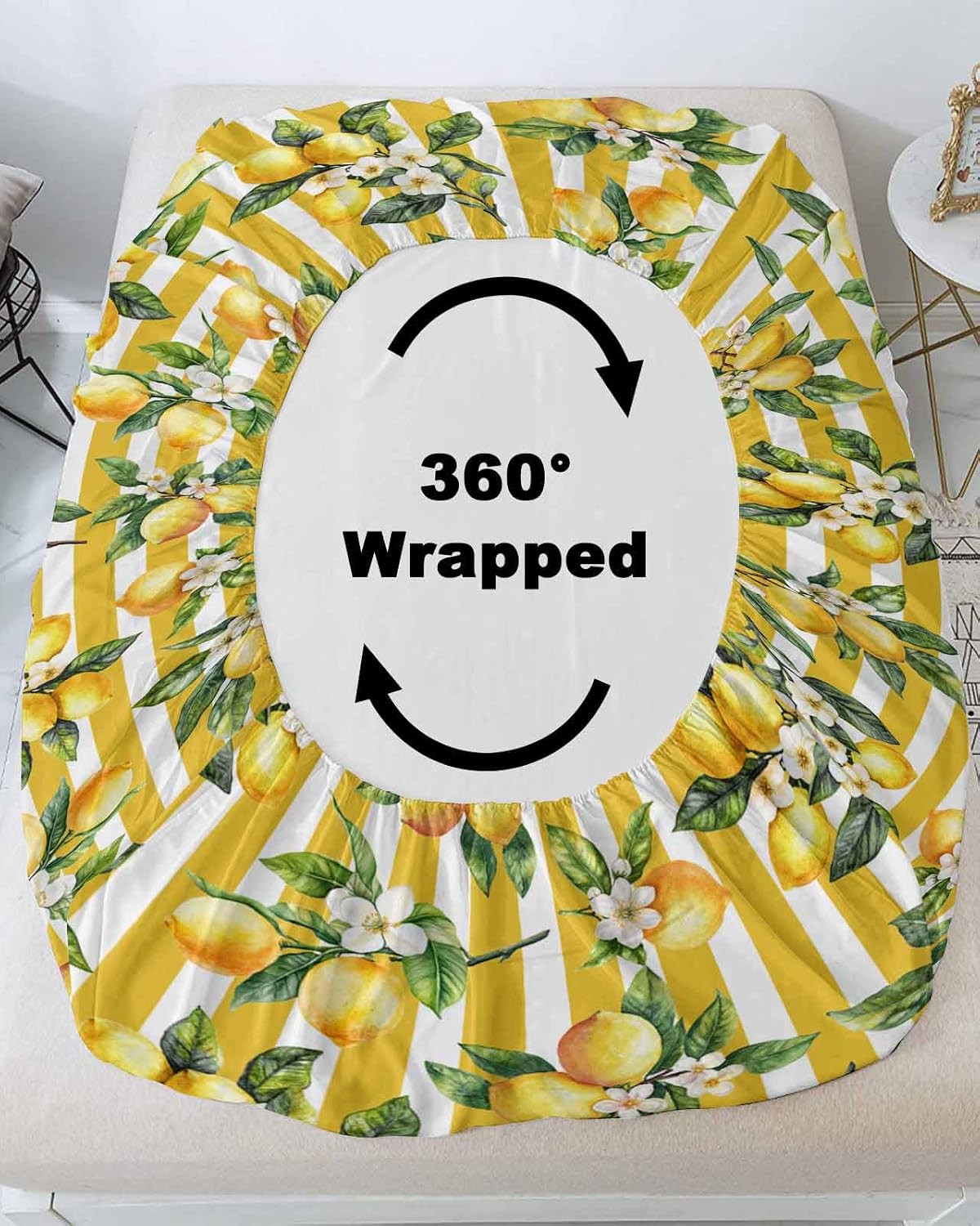Farm Lemon Fruit Yellow Stripe Twin Bed Fitted Sheets Watercolor Flower Green Leaves Bed Set with 16" Deep Pocket for Single Bed,Soft Microfiber Bottom Sheet with Decorative Pillowcases