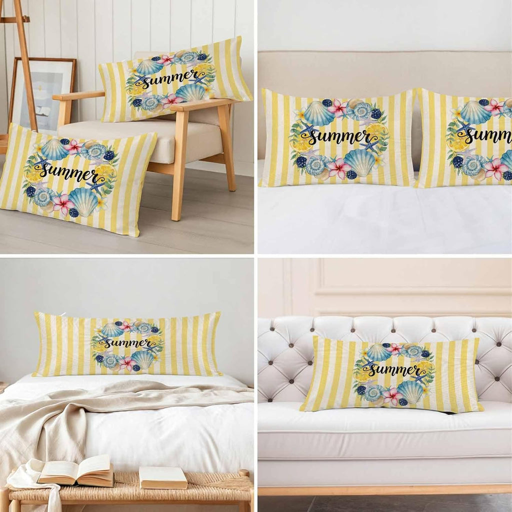 Summer King Standard Pillow Cases Set of 2, Lemons Starfish Flower Stripes Yellow Vintage Satin Pillow Case Cover with Smooth Hidden Zipper Closure, Soft Throw Pillow Covers Cases 20X36 Inch