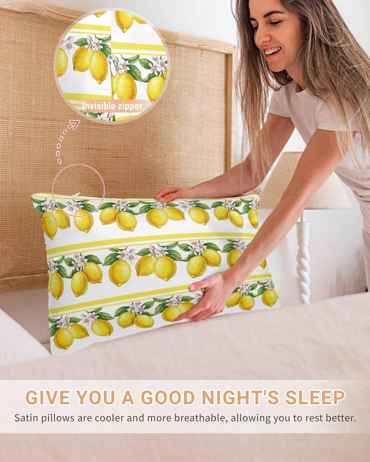 Satin Pillowcases Standard Size, Lemon Summer Silk Pillow Cases for Hair and Skin with Zipper 2 Pack, Watercolor Fruits Yellow Stripes Smooth Throw Pillow Covers for Sleeping, 20"x26"