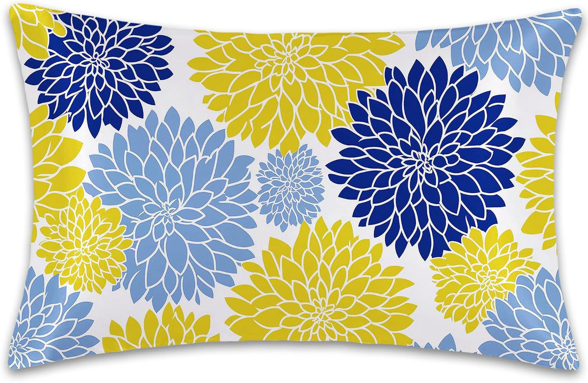 Yellow Navy Blue Flower Satin Pillowcase for Hair and Skin 1 Pack,Soft and Cooling Similar to Silk Pillow Cases with Hidden Zipper, Gift for Women Men(20"x30" Queen Size