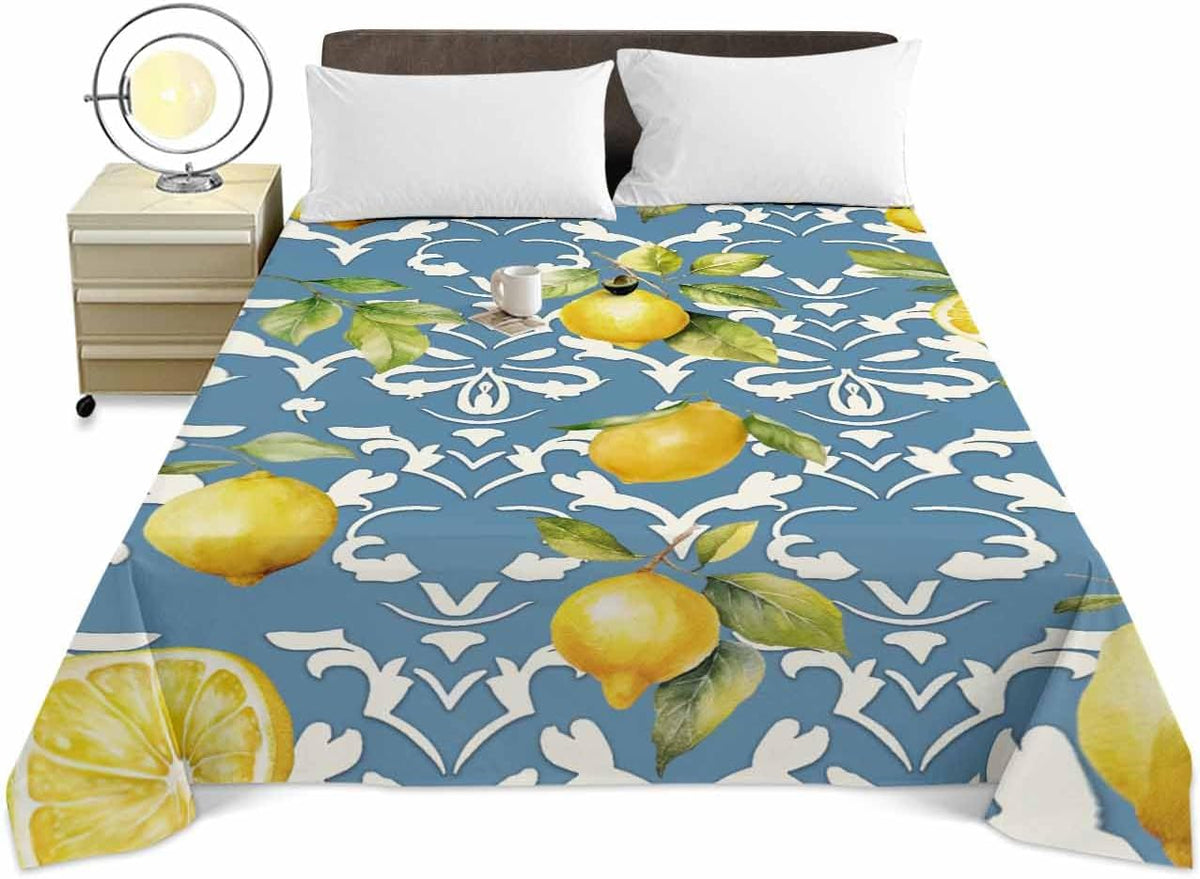 Full Size Top Sheet Only,Yellow Lemon Blue Country Retro Floral Flat Sheet Microfiber Breathable Soft Bed Sheet,Watercolor Fruit Hotel Luxury Bedding Flat Sheets for Bedroom