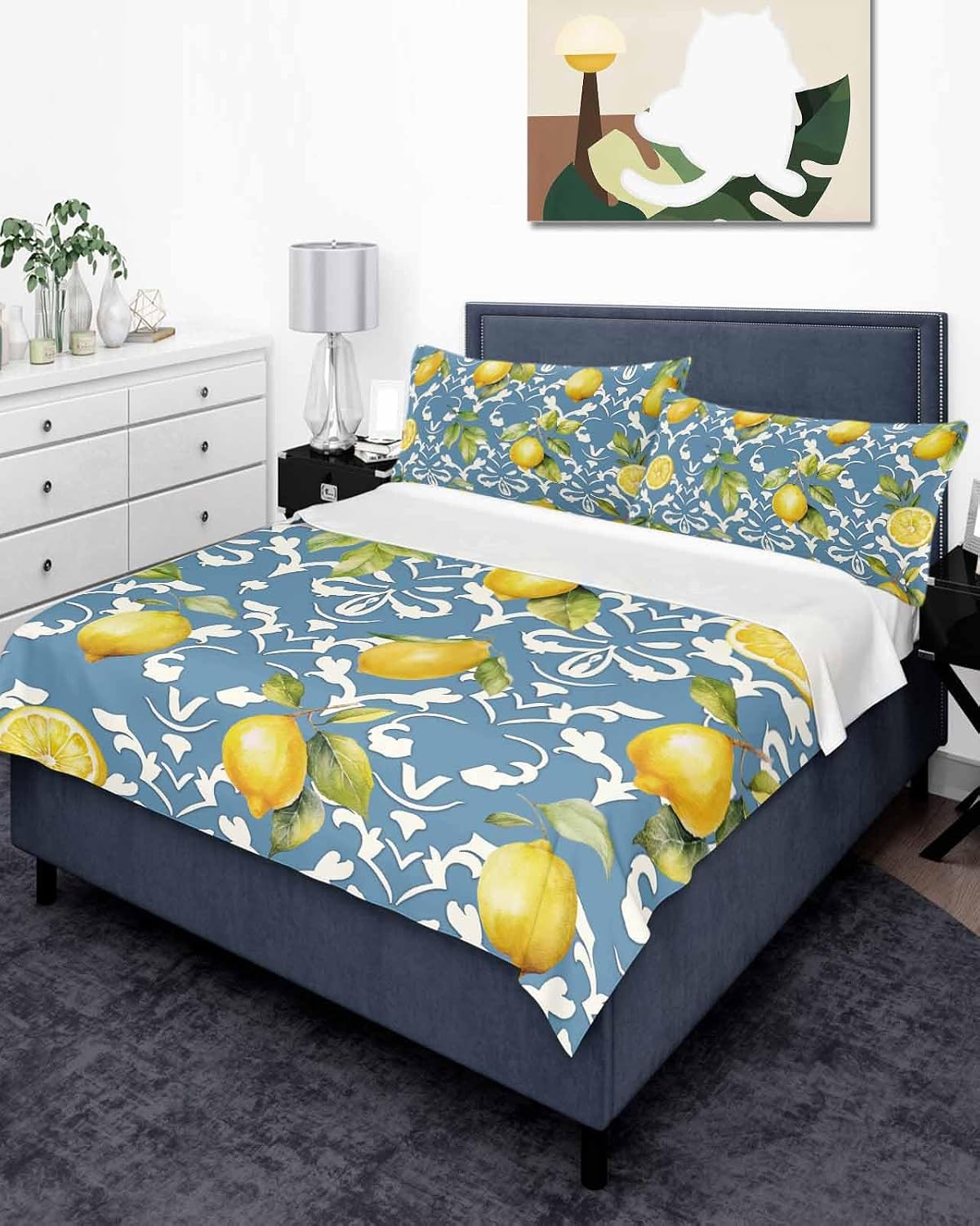 Full Size Top Sheet Only,Yellow Lemon Blue Country Retro Floral Flat Sheet Microfiber Breathable Soft Bed Sheet,Watercolor Fruit Hotel Luxury Bedding Flat Sheets for Bedroom