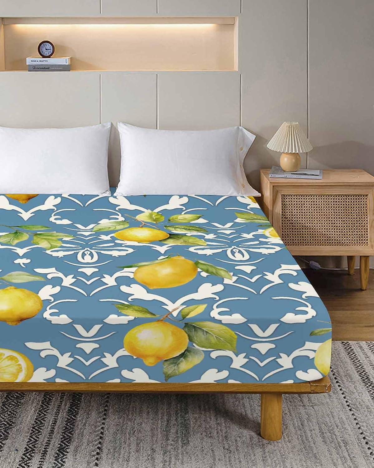 Full Size Top Sheet Only,Yellow Lemon Blue Country Retro Floral Flat Sheet Microfiber Breathable Soft Bed Sheet,Watercolor Fruit Hotel Luxury Bedding Flat Sheets for Bedroom