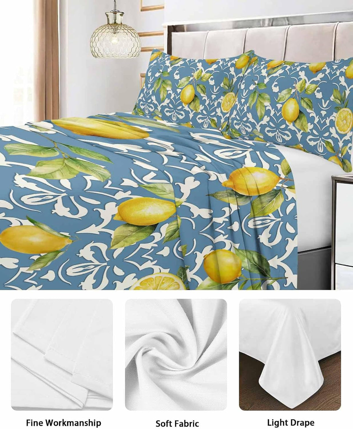 Full Size Top Sheet Only,Yellow Lemon Blue Country Retro Floral Flat Sheet Microfiber Breathable Soft Bed Sheet,Watercolor Fruit Hotel Luxury Bedding Flat Sheets for Bedroom