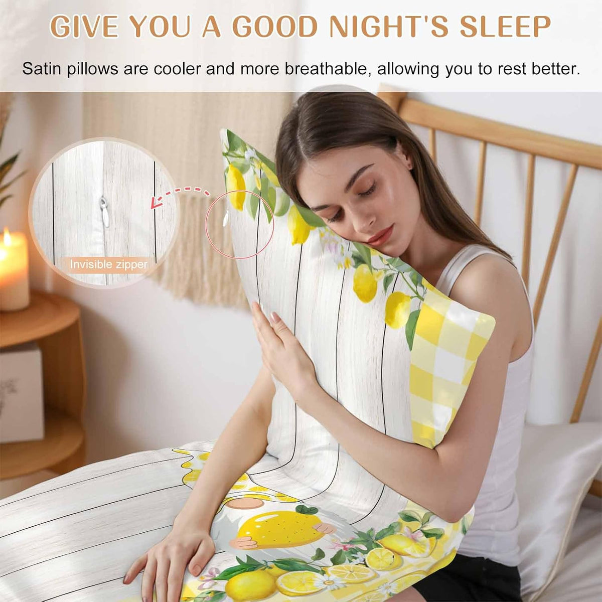 Vintage Fruit Gnome Body Size Pillowcases, Summer Lemon Yellow Buffalo Wooden Satin Pillow Case Cover with Smooth Hidden Zipper Closure, Soft Throw Pillow Covers Cases for Home Decor 20 X 54 Inches
