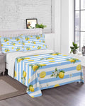 Queen Size Top Sheet Only, Summer Lemon Flower Leaf Flat Sheet Microfiber Breathable Soft Bed Sheets, Yellow Fruit Blue White Stripe Hotel Bedding Flat Sheets for Bedroom