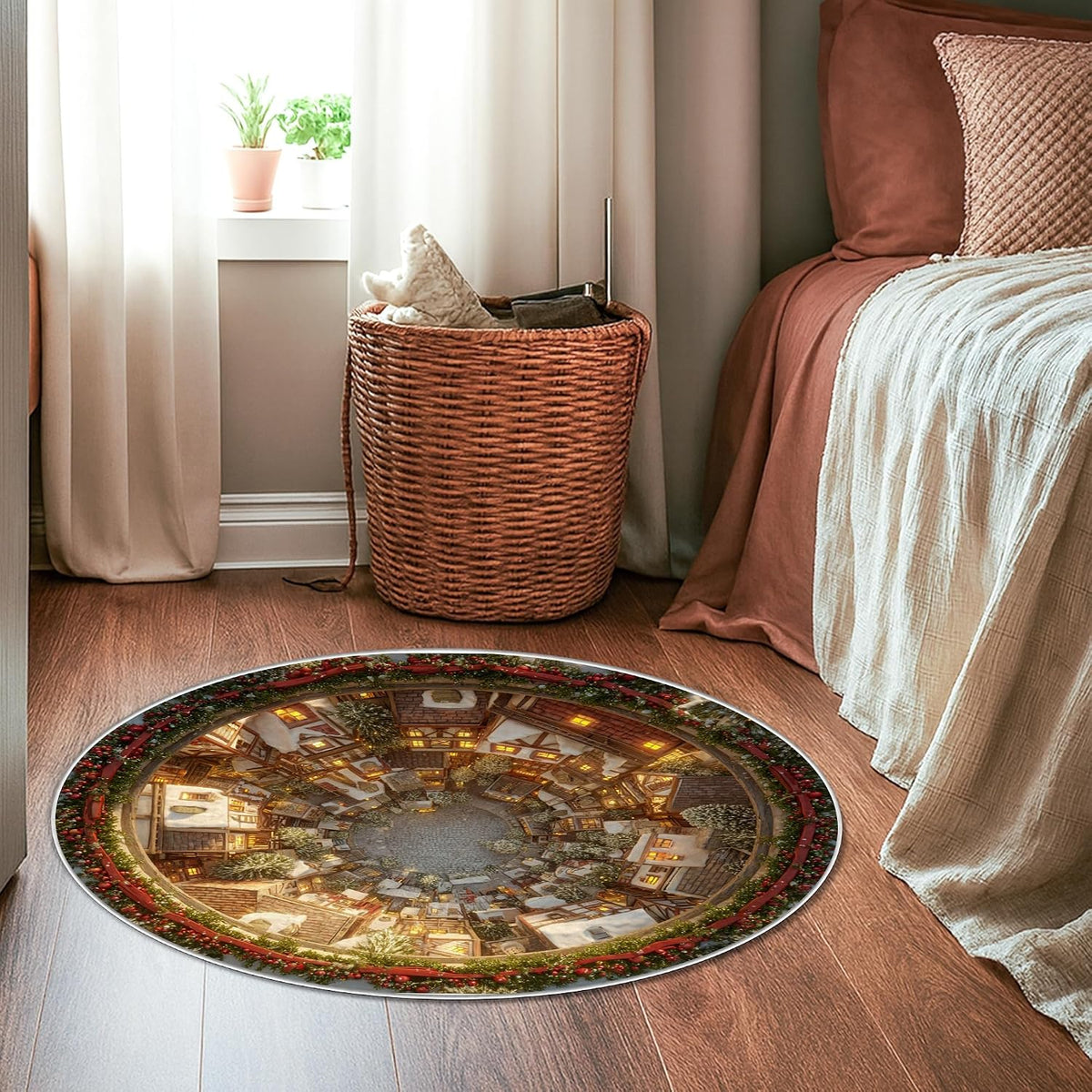 Cottage Area Rug, Winter Festive Snow Trees Christmas Warm Yellow Low Pile Home Floor Doormat Circle Print Accents Rug Bathroom Doorway Entryway Bedside Decor 3' X 3'