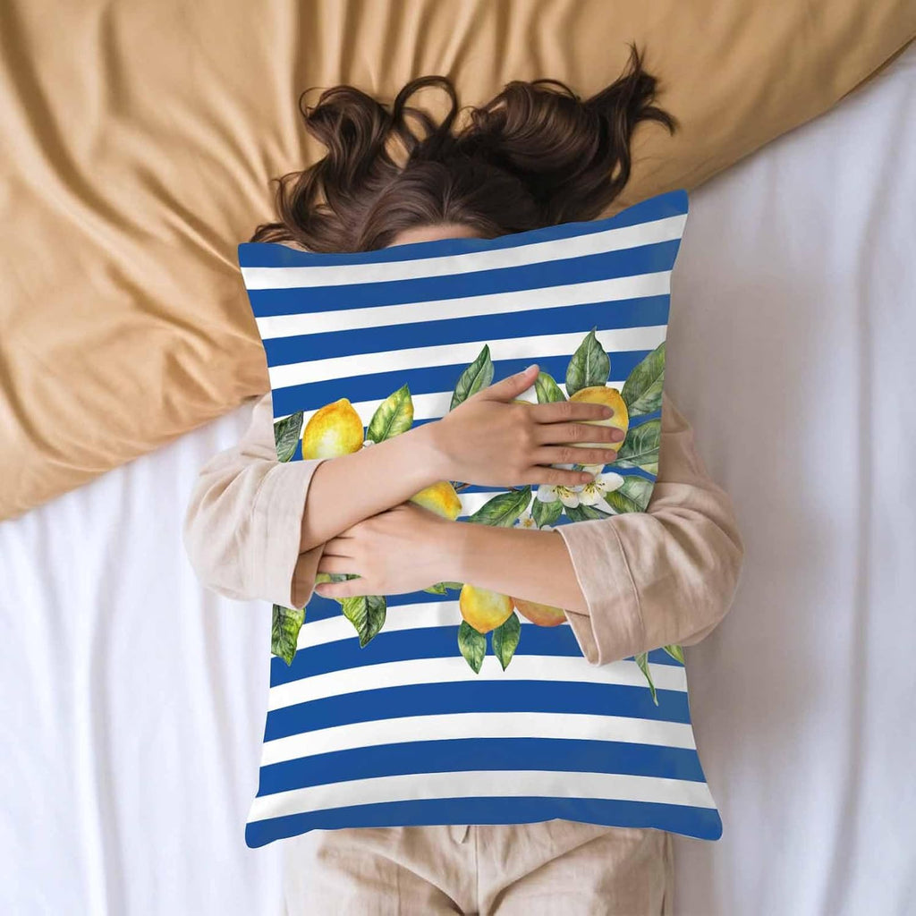 Yellow Lemon Floral Standard Pillowcase Set of 2, Blue Stripe Satin Pillow Case Cover with Smooth Hidden Zipper Closure, Soft Throw Pillow Covers Cases for Home Decoration 20 X 26 Inches