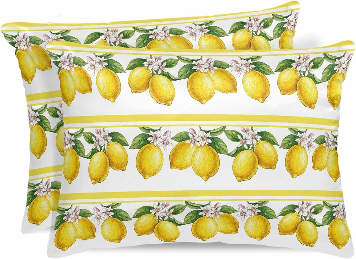 Satin Pillowcases Queen Size, Lemon Summer Silk Pillow Cases for Hair and Skin with Zipper 2 Pack, Watercolor Fruits Yellow Stripes Smooth Throw Pillow Covers for Sleeping, 20"x30"
