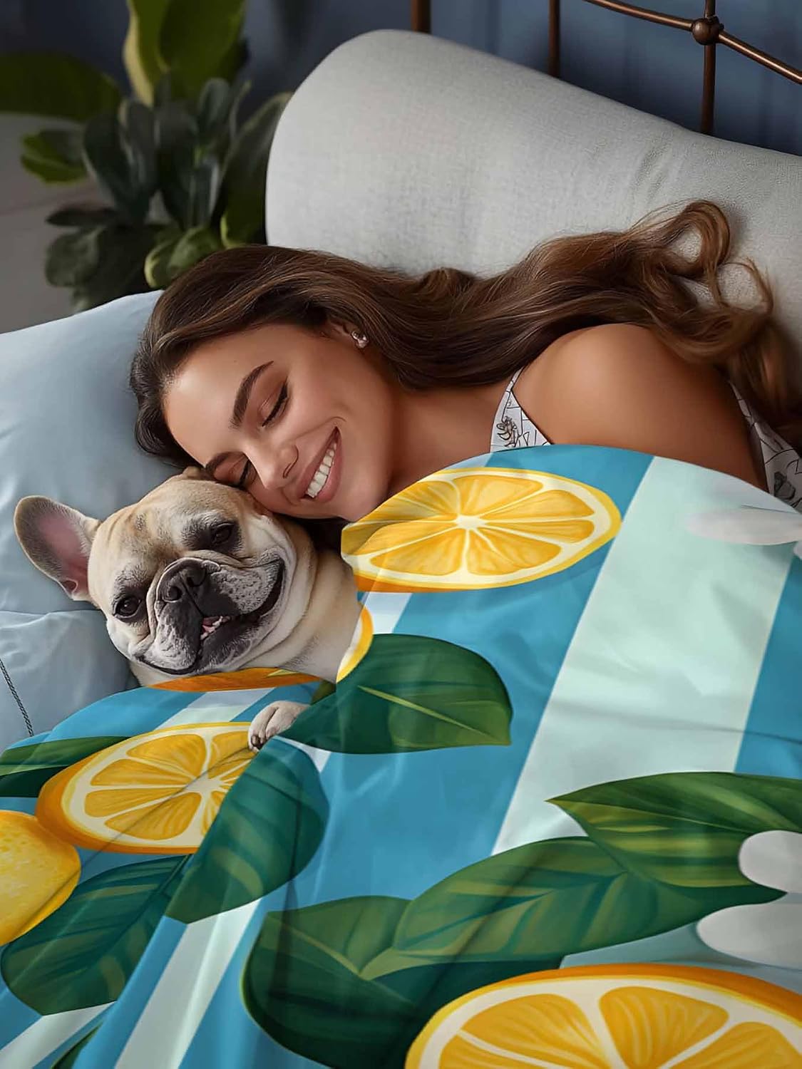 Twin Flat Sheet, Yellow Lemon Twin Bed Sheets Only, Soft Microfiber Flat Sheet, Summer Fruit Floral Blue Stripe Watercolor Hotel Quality Bedding Top Sheet Bedroom Home Dorm Decor