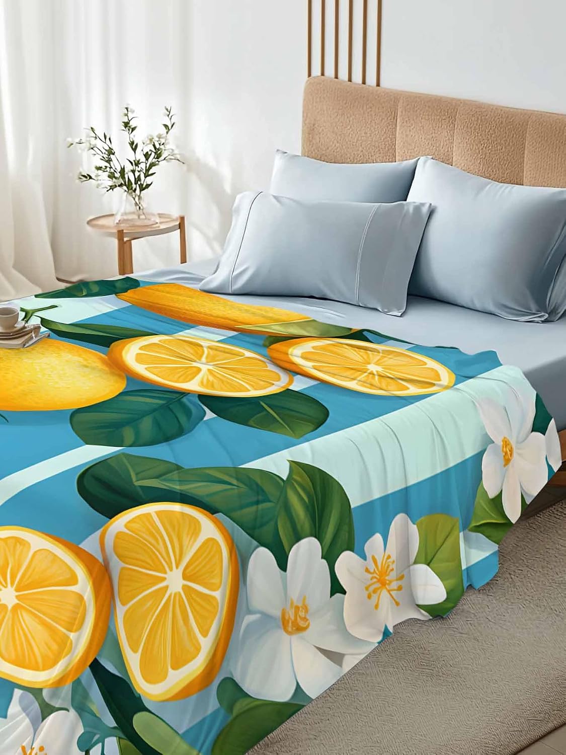 Twin Flat Sheet, Yellow Lemon Twin Bed Sheets Only, Soft Microfiber Flat Sheet, Summer Fruit Floral Blue Stripe Watercolor Hotel Quality Bedding Top Sheet Bedroom Home Dorm Decor