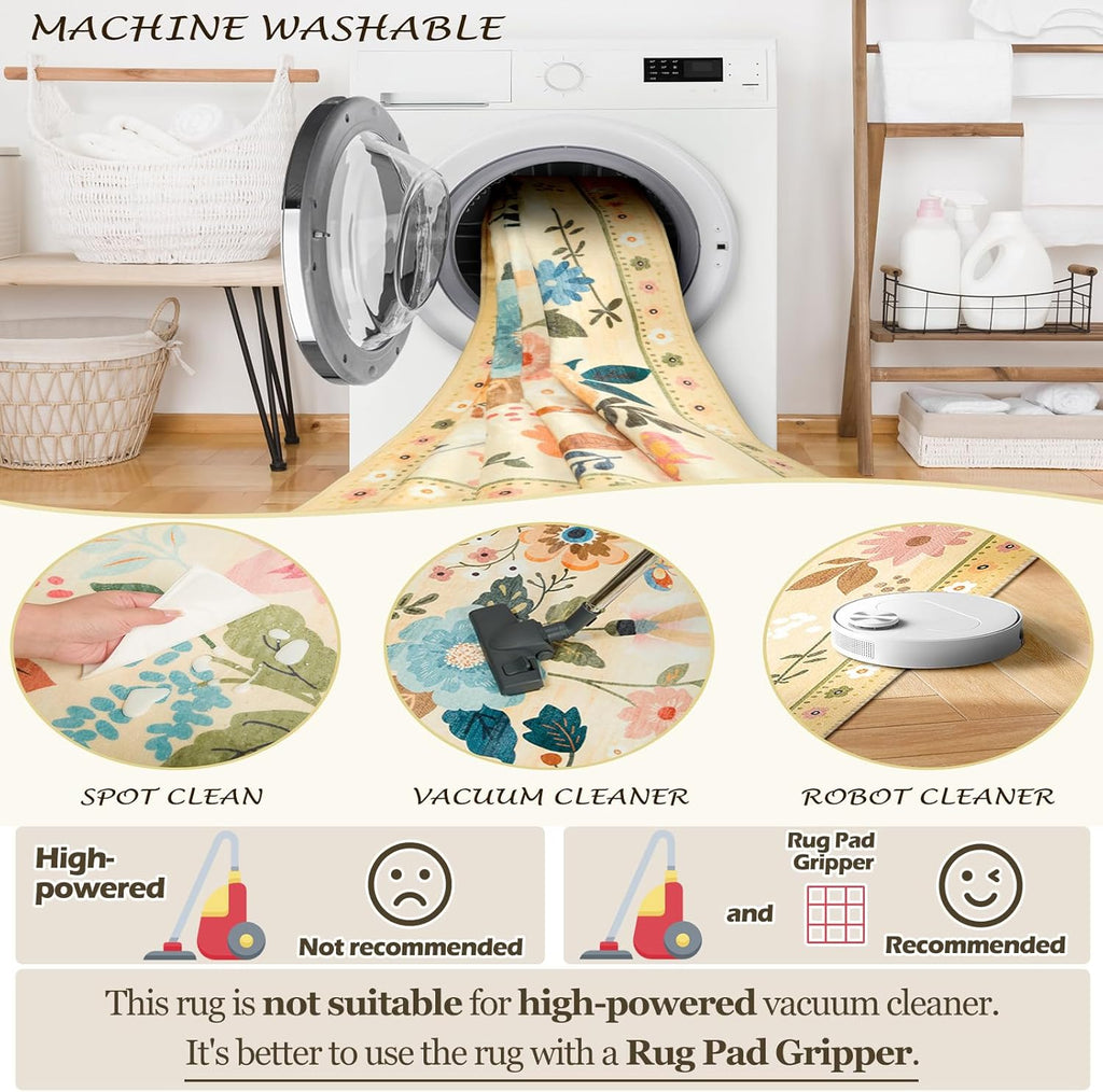 Floral 5x7 Area Rugs Washable Print Boho Cute Carpet Non Slip Flower Low Pile for Living Room Bedroom Kitchen Office Farmhouse-Ivory/Yellow