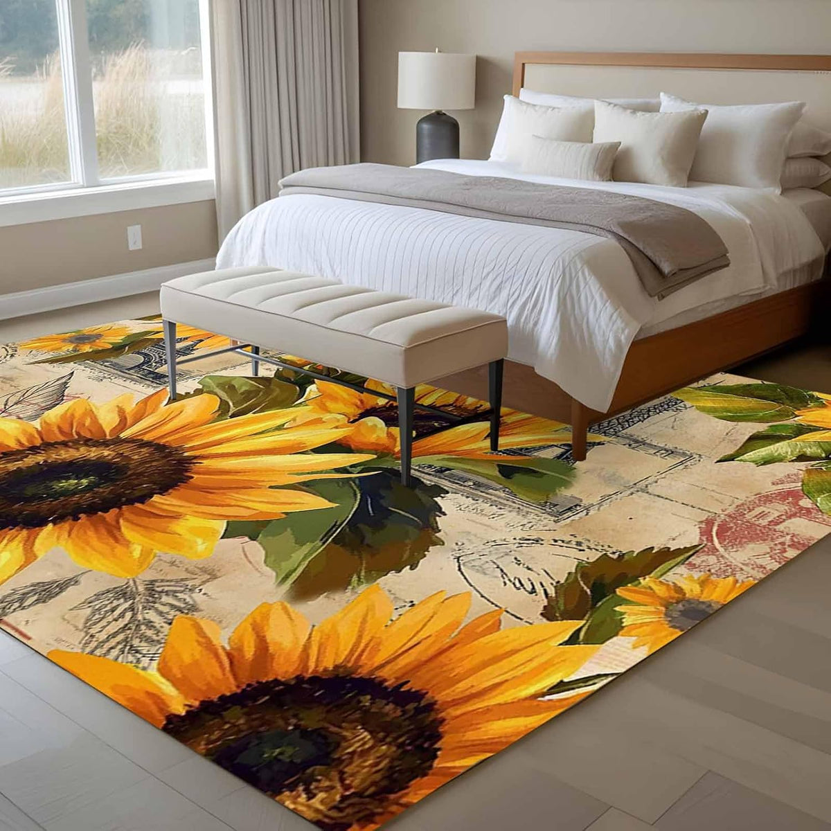 Large Sunflower Area Rugs for Bedroom Living Room, Vintage Yellow Non Slip Carpet Bedside Rug, Watercolor Retro Floral Plant Rectangular Floor Cover Kitchen Accent Rug 6'x9' for Dining Room/Office