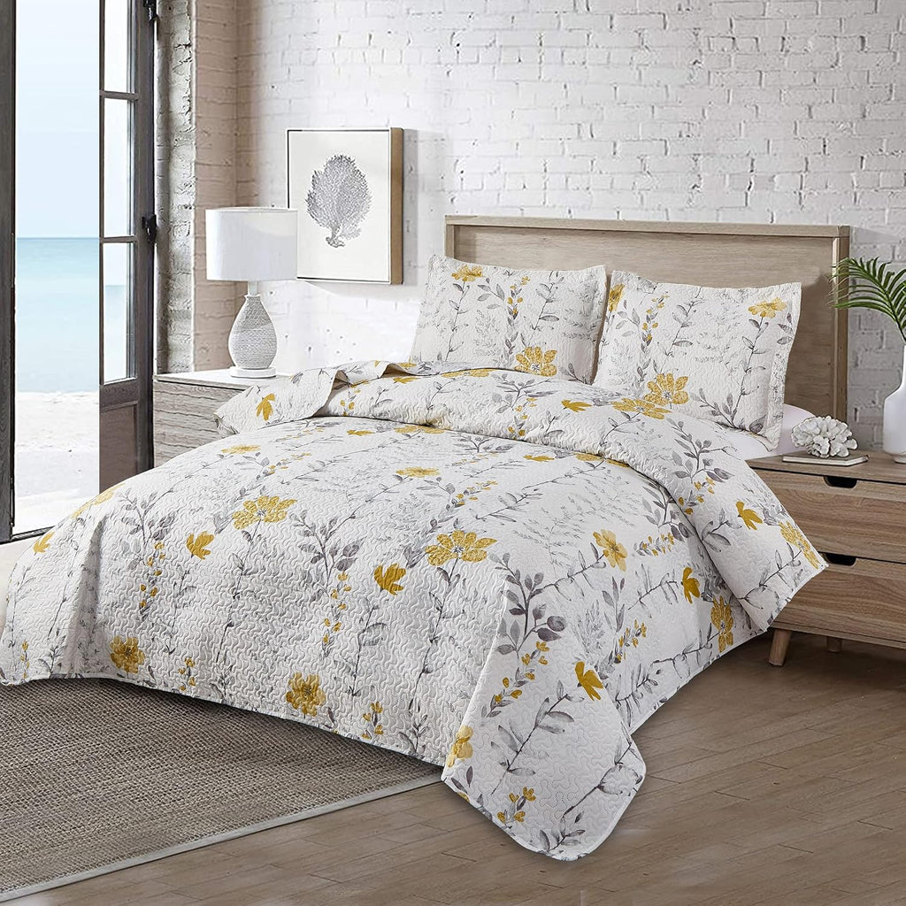 Grey Leaf Yellow Floral Twin Quilt Set - Bedspread, Coverlet, Pillow Shams - Lightweight, Reversible, Spring/Summer