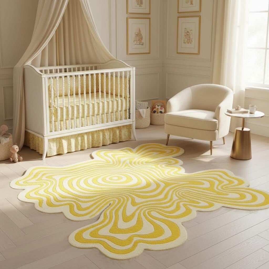 Vibrant Chic Organic Modern Yellow and Beige Odd Shaped Rugs 3x3 3D Illusion Striped Low Pile Mats for Dining Room Bedroom Livingroom Nursery Dorm Office Pets Friendly Soft Square Carpets