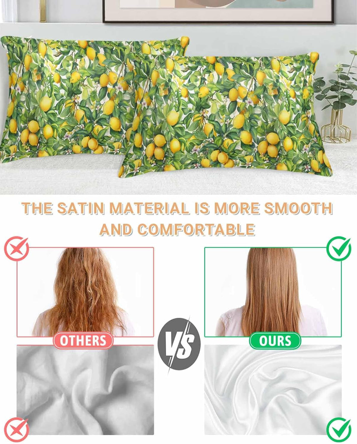 Satin Pillowcases Standard Size, Summer Lemon Silk Pillow Cases for Hair and Skin with Zipper 2 Pack, Watercolor Yellow Fruits Green Leaves Smooth Throw Pillow Covers for Sleeping, 20"x26"