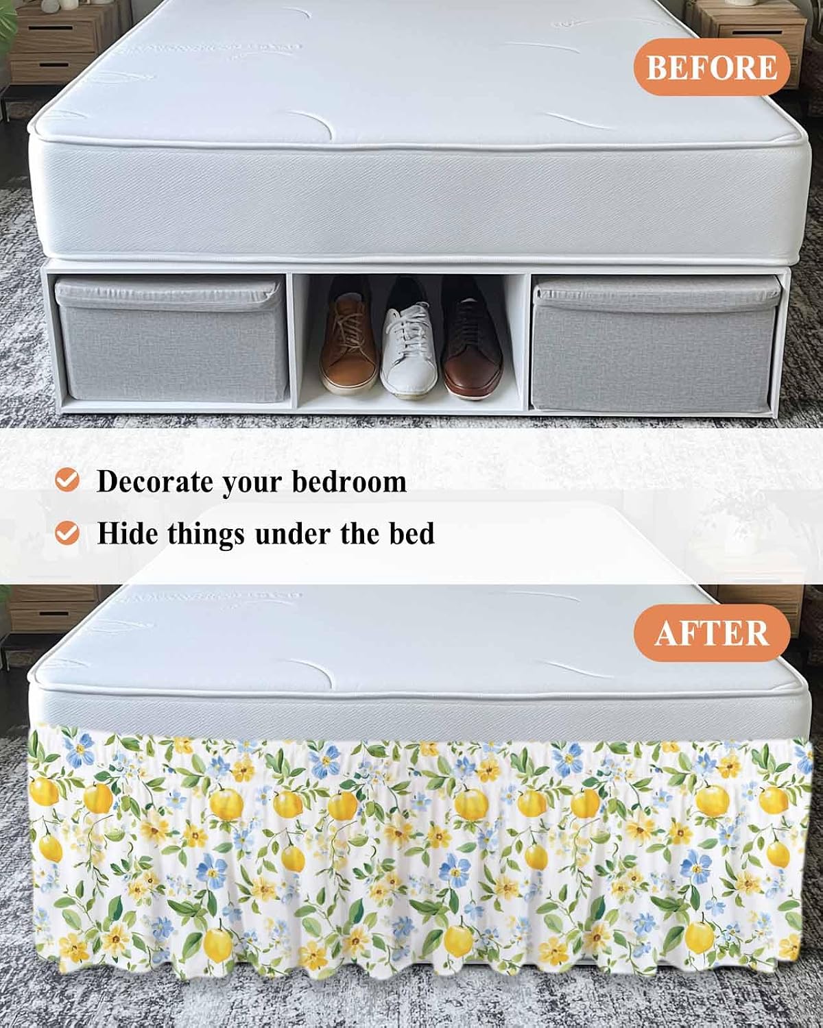 Bed Skirt Lemon Yellow Flowers Ruffle Bed Skirt Wrap Around Bed Skirts for Queen Beds 16" Drop,Adjustable Elastic Dust Ruffles Easy Fit and Wrinkle-Free