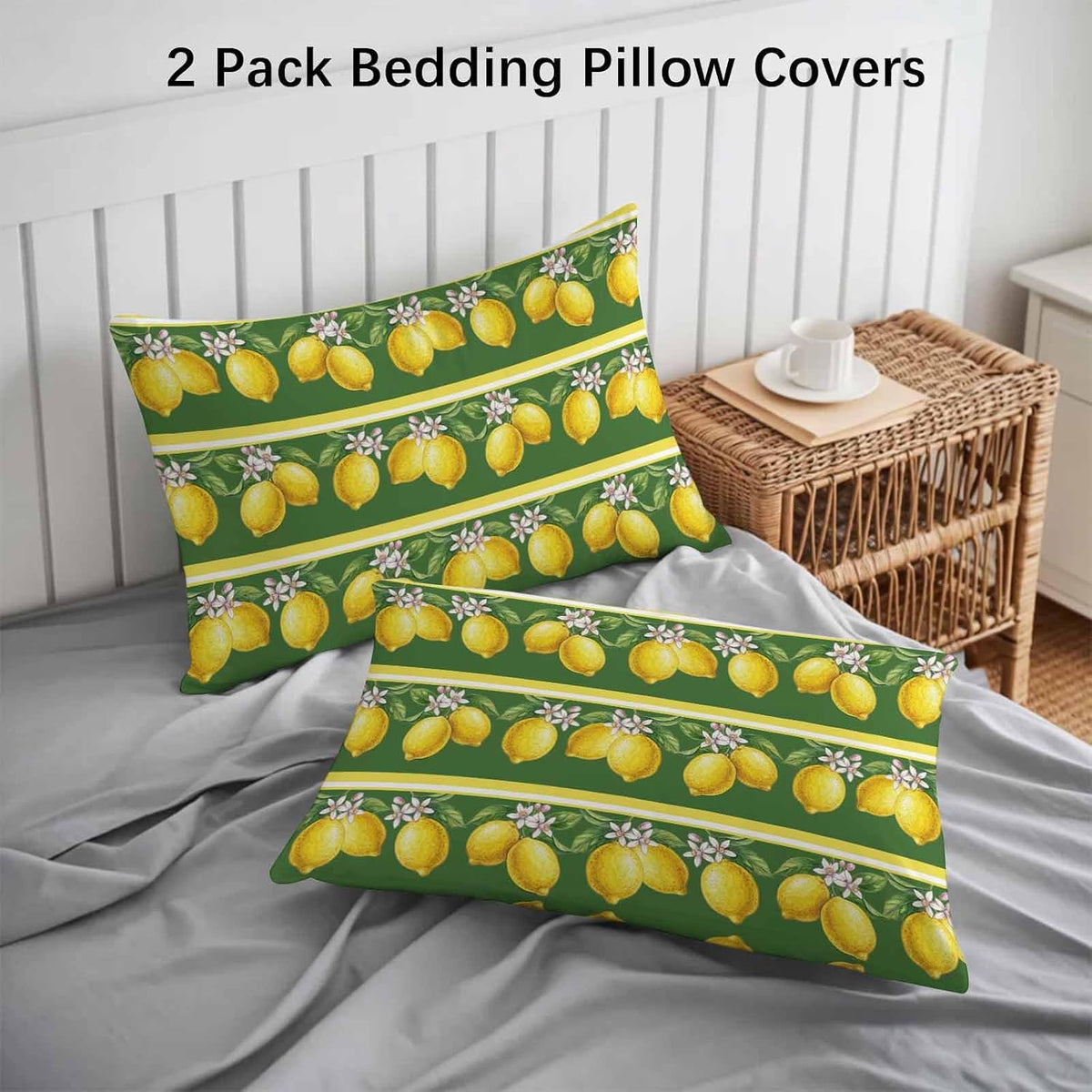 Lemon Summer Pillow Cases Standard Size Set of 2 - Microfiber Bed Throw Pillow Covers, Watercolor Fruits Green Yellow Stripes Decorative Lumbar Pillow Cover with Envelope Closure for Sofa 20"x26"
