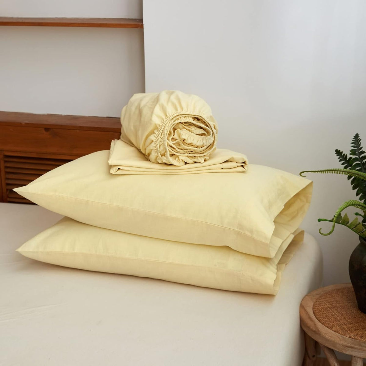 Belgian Linen Sheet Set Solid Color - 4 Pieces (1 Flat Sheet, 1 Fitted Sheet & 2 Pillowcases) Natural Flax Cotton Blend Soft Breathable Farmhouse Bedding - King Size, Pale Yellow