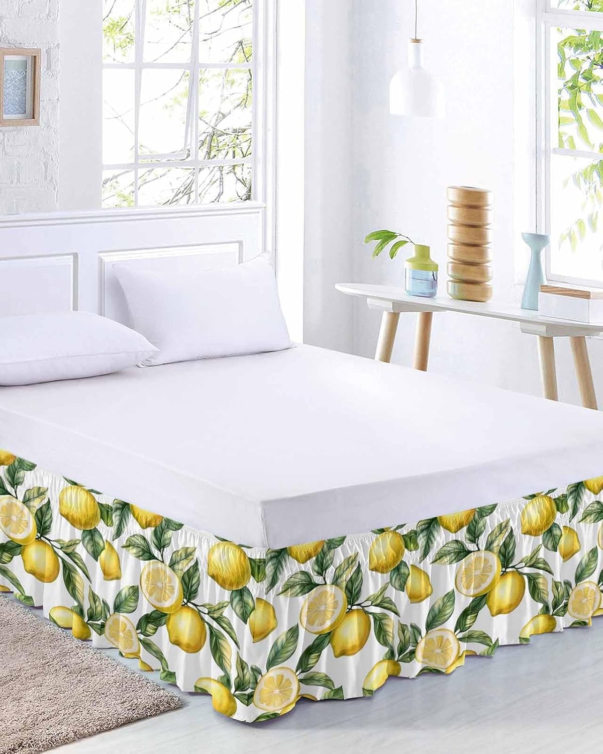 Yellow Lemon Bed Skirt Queen Size 16 Inch Drop, Adjustable Elastic Wrap Around Bed Skirts Easy Fitting Dust Ruffle Bedskirt Bed Frame Cover Watercolor Leaf Floral Green White Modern