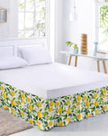 Yellow Lemon Bed Skirt Queen Size 16 Inch Drop, Adjustable Elastic Wrap Around Bed Skirts Easy Fitting Dust Ruffle Bedskirt Bed Frame Cover Botanical White Floral Green Leaves