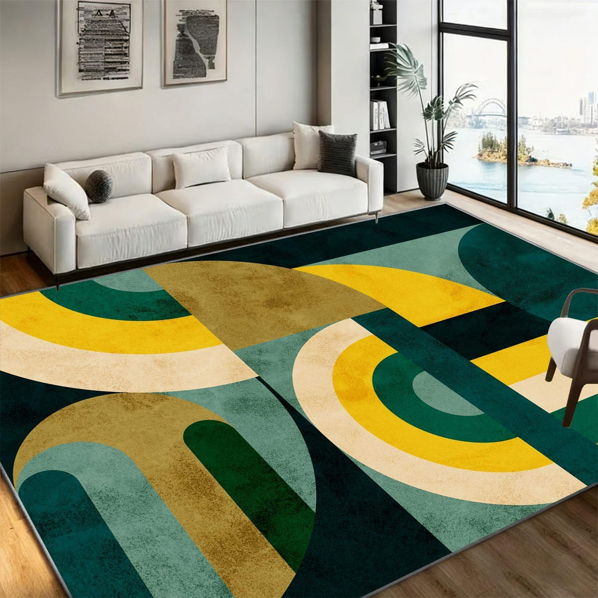 Modern Area Rug, 4x6ft Contemporary Carpet, Teal Green Yellow Beige Rug, Mid-Century Style Carpets, Retro Curved Arch Pattern, Non-Slip Washable Carpet for Living Room Bedroom Vintage Home Decor