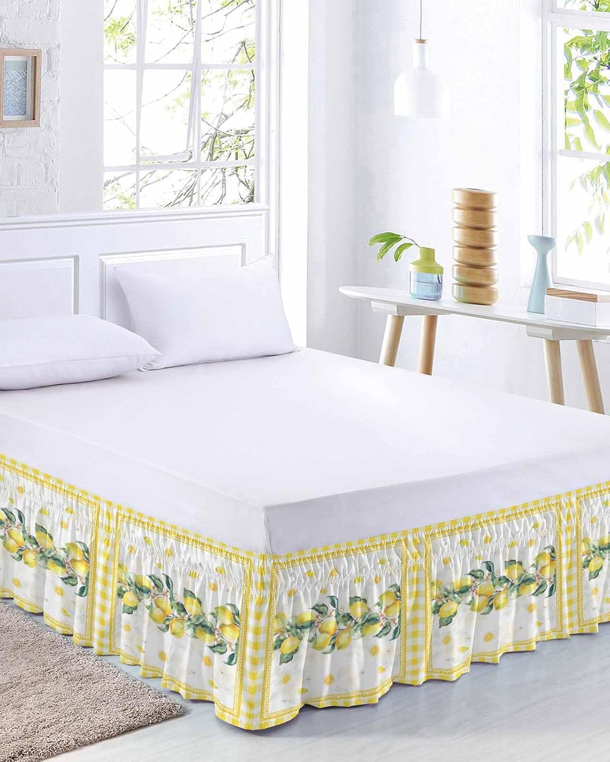 Yellow Lemon Wrap Around Bed Skirt Queen Size, Dust Ruffled 16 Inch Tailored Drop with Adjustable Elastic Belt Pleated, Summer Botanical Plaid Elegant Pastoral Luxury Bedding Skirts for Bedroom