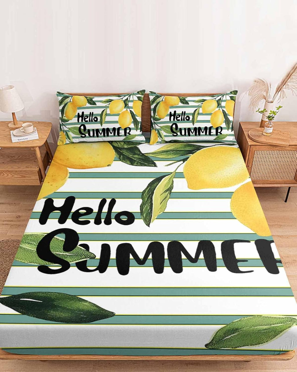 Summer Yellow Lemon Leaf on Striped Twin Bed Fitted Sheets Farmhouse Fruit Theme Bed Set with 16" Deep Pocket for Single Bed,Soft Microfiber Bottom Sheet with Decorative Pillowcases